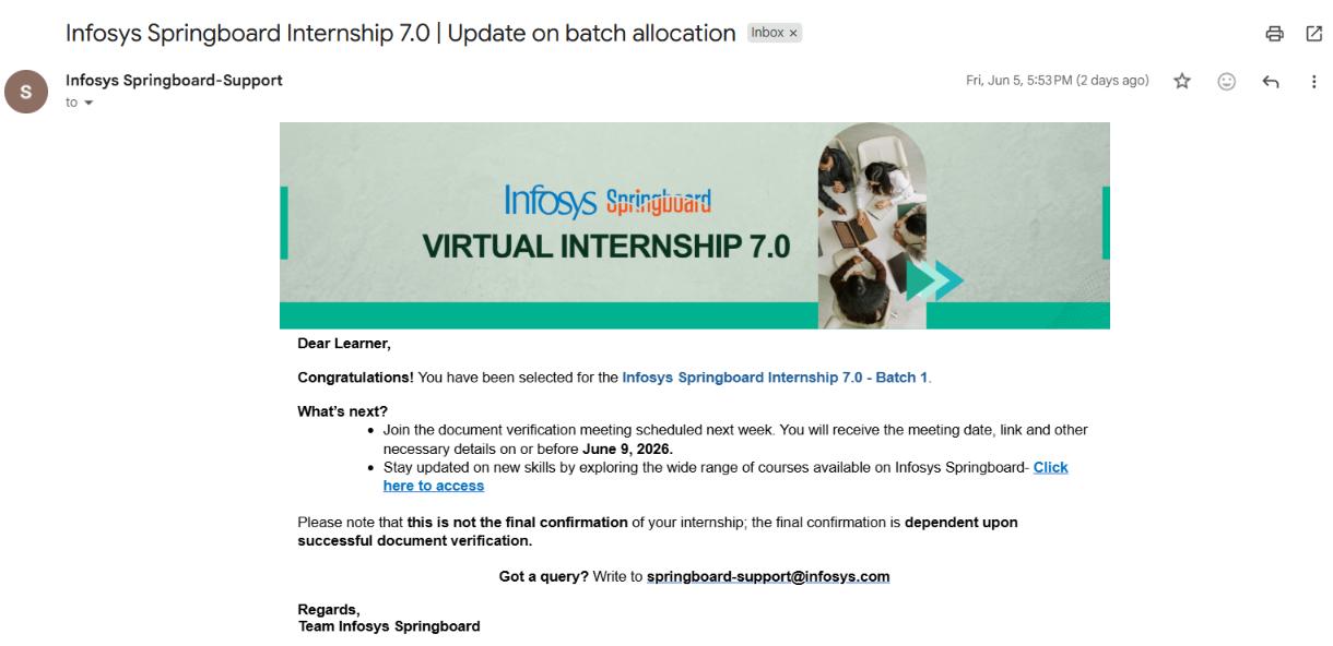 Selection confirmation email snapshot